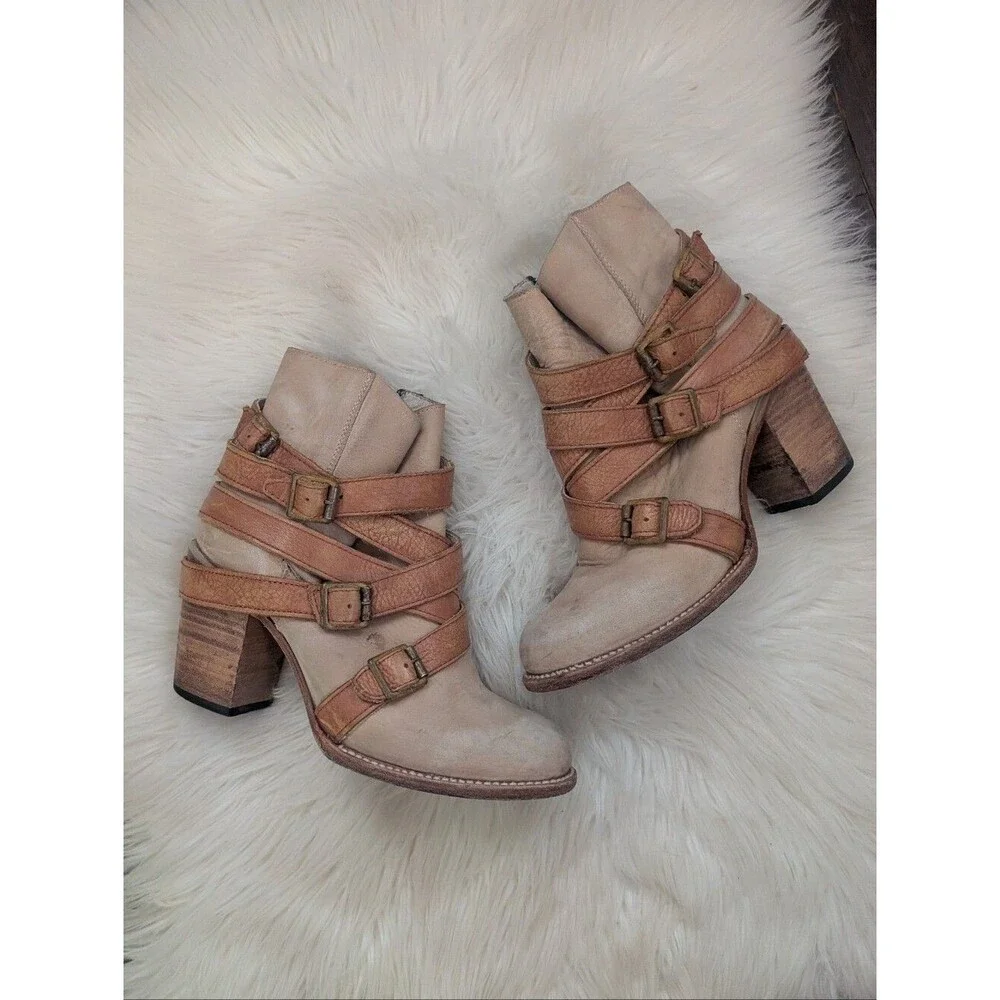 Freebird by Steven Hustle Brown Tan Heeled Leather boots Booties Size 9 I'm